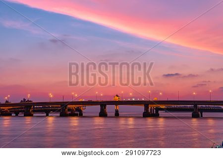 Scenery Sunset At Sarasin Bridge. The Bridge Is The Most Important In Making Businesses 
From The Pr