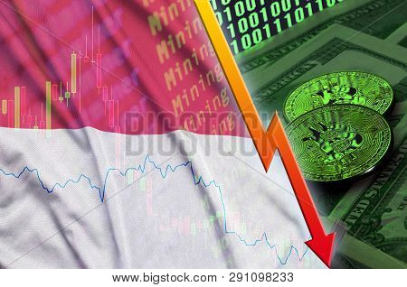 Indonesia Flag And Cryptocurrency Falling Trend With Two Bitcoins On Dollar Bills And Binary Code Di