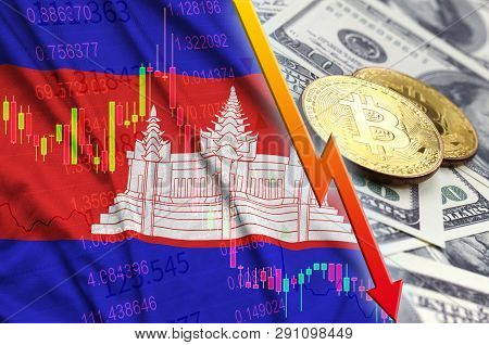 Cambodia Flag And Cryptocurrency Falling Trend With Two Bitcoins On Dollar Bills