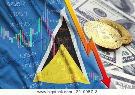 Saint Lucia Flag And Cryptocurrency Falling Trend With Two Bitcoins On Dollar Bills
