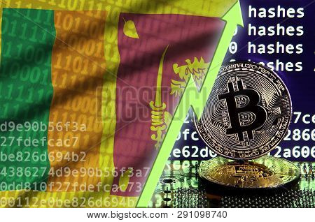 Sri Lanka Flag And Rising Green Arrow On Bitcoin Mining Screen And Two Physical Golden Bitcoins