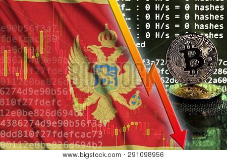 Montenegro Flag And Falling Red Arrow On Bitcoin Mining Screen And Two Physical Golden Bitcoins