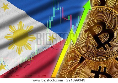 Philippines Flag And Cryptocurrency Growing Trend With Many Golden Bitcoins