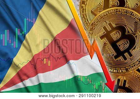 Seychelles Flag And Cryptocurrency Falling Trend With Many Golden Bitcoins