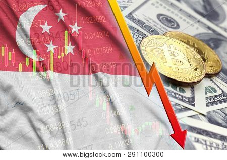 Singapore Flag And Cryptocurrency Falling Trend With Two Bitcoins On Dollar Bills
