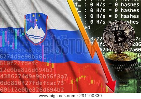 Slovenia Flag And Falling Red Arrow On Bitcoin Mining Screen And Two Physical Golden Bitcoins