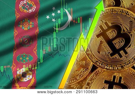 Turkmenistan Flag And Cryptocurrency Growing Trend With Many Golden Bitcoins