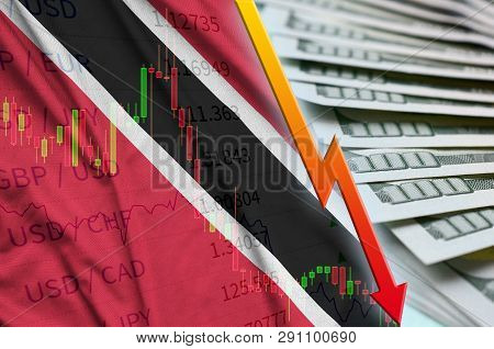 Trinidad And Tobago Flag And Chart Falling Us Dollar Position With A Fan Of Dollar Bills