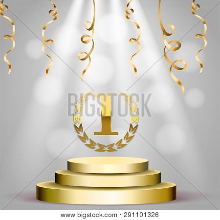 Business Presentation Podium Of Three Steps With The Track. Bright Spotlights, First Plase Gold Elem