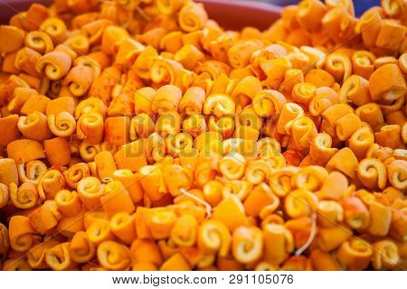 Candied Orange Peel. Candied Fruits On The Counter Of The Turkish Market. Rolled Orange Peel. Turkis