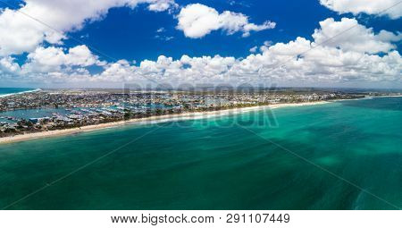Drone view of famous Mooloolaba beach and marina on sunny day