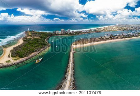 Drone view of famous Mooloolaba beach and marina on sunny day
