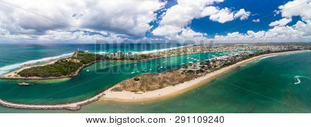 Drone view of famous Mooloolaba beach and marina on sunny day