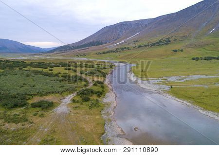 View Of The Hadata River Valley On A Cloudy August Day (shooting From The Quadcopter). Polar Ural, R