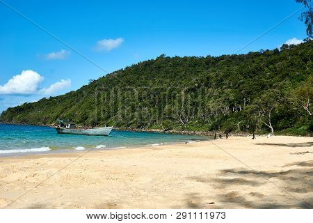 People Working At Ship Lazy Beach At Sunny Summer Day. Koh Rong Sanloem Island, Lazy Beach. Cambodia
