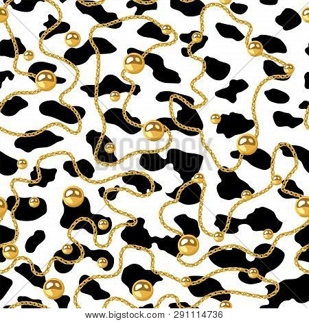 Vector Realistic Isolated Golden Chain Necklace And Leopard Seamless Pattern. Animal Print. Vector B