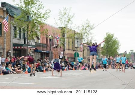 Stoughton, Wisconsin, Usa - May 19, 2018: Syttende Mai Youth Parade, Members Of The Stoughton Tumble