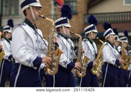 Stoughton, Wisconsin, Usa - May 20, 2018: Annual Norwegian Parade, Members Of The Stoughton High Sch