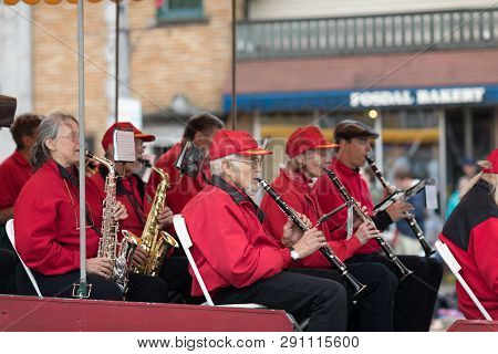 Stoughton, Wisconsin, Usa - May 20, 2018: Annual Norwegian Parade, Members Of The Stoughton City Ban