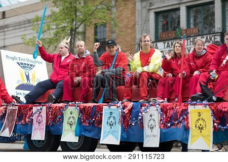 Stoughton, Wisconsin, Usa - May 20, 2018: Annual Norwegian Parade, Members Of The Special Olympics F