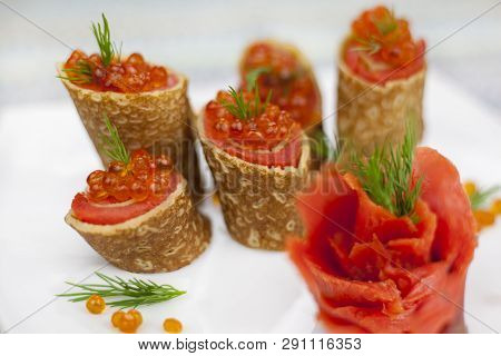 Russian Pancakes, Traditional For Russian Pancake Week With Red Cavier