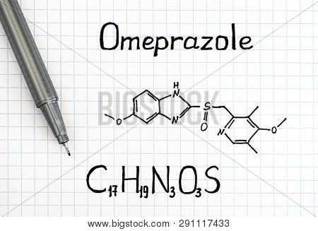 Chemical Formula Of Omeprazole With Pen. Close-up.