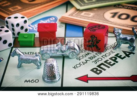 Tambov, Russian Federation - January 26, 2018 Monopoly Board Game. Field Go Of Gameboard With Tokens