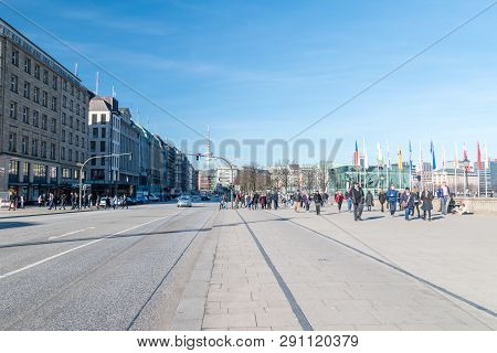 Hamburg, Germany - February 15, 2019: Jungfernstieg Street In City Center Of Hamburg.