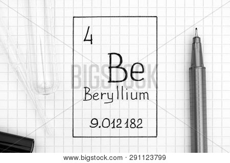 The Periodic Table Of Elements. Handwriting Chemical Element Beryllium Be With Black Pen, Test Tube 
