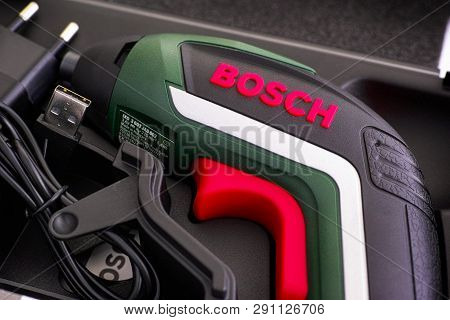 Tambov, Russian Federation - February 09, 2019 Bosch Cordless Screwdriver In Open Case.