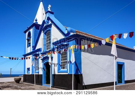 Decorated Facade Of A Church In Azores With The Traditional Blue And White Colors. Portugal