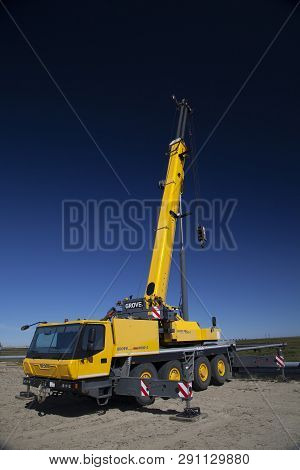 Nadym, Russia - April 27, 2018: Construction Site, Model Of The Grove Crane.