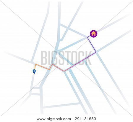 Navigation Of The Shortest Route On The Map To The House. Navigation Map With Pin. Vector Illustrati