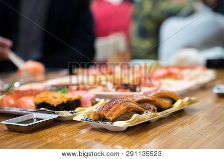 Eel Sushi, And Others Sushi; Salmon, Otoro, Shabby, Grilled Shrimp, Crab Are Arranged On The Table R
