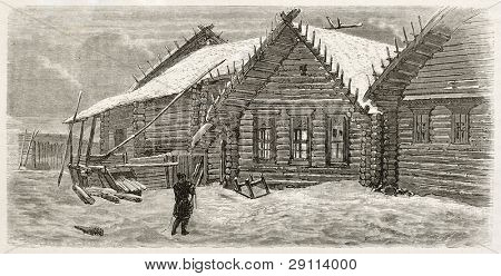 Izba gamle illustration (traditionelle russiske hus). Lavet af Moynet, offentliggjort på Le Tour du Monde,