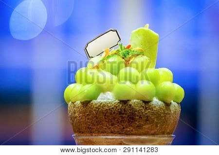 Green Melon Ball Shape Are Arranged On The Top Of Bingsu (korean Ice-cream Style) And Decorated With