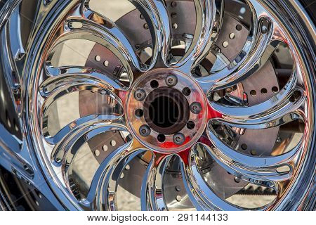Chromed Motorcycle Wheels With Disc Brakes, Close-up