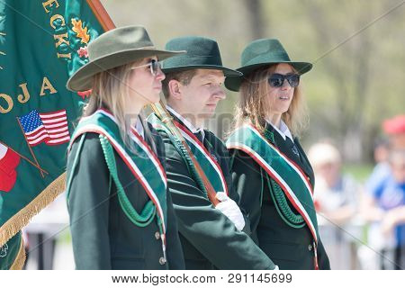 Chicago, Illinois, Usa - May 5, 2018: The Polish Constitution Day Parade, Members Of The Polsko - Am