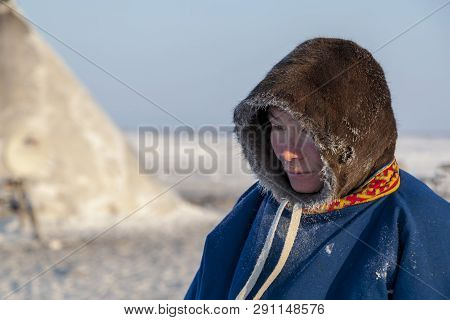 Nadym, Russia - April 27, 2018:tundra, Open Area, Assistant Reindeer Breeder,  The Men  In National