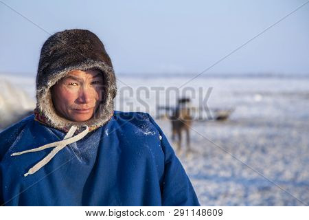 Nadym, Russia - April 27, 2018:tundra, Open Area, Assistant Reindeer Breeder,  The Men  In National