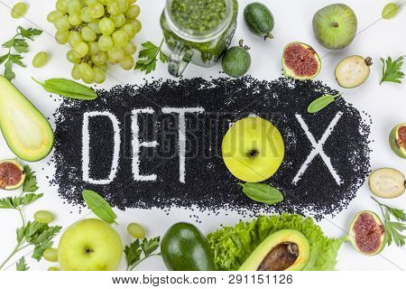 Concept Of Diet, Word Detox Is Made From Black Cumin Seeds. Green Smoothies And Ingredients. Aavakad