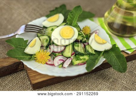 Salad Of Dandelions, Healthy Spring Salad Of Young Leaves Of Dandelion, Cucumber, Radish And Egg On