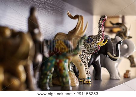 Rostov-on-don, Rostovskaya / Russia - Febr. 2019: Figures Of Elephants On Shelf. Wooden, Stone And C