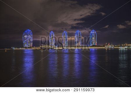 China, Hainan Island, Pheonix Island  - December 2, 2018: Pheonix Island Sanya, Illuminated Building