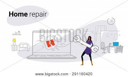 Woman Engineer Holding Wrench Girl Standing Near Laptop Screen Home Repair Service Concept Modern Ap