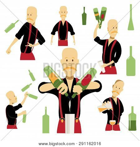 a set of different poses bartender performing different methods
