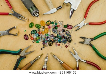 Tools Set Of Jewellery. Jewelry Workplace On Metal Background With Copy Space For Text. Top View.