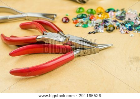 Tools Set Of Jewellery. Jewelry Workplace On Metal Background With Copy Space For Text. Top View.