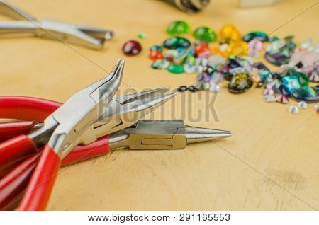 Tools Set Of Jewellery. Jewelry Workplace On Metal Background With Copy Space For Text. Top View.