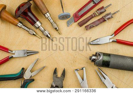 Tools Set Of Jewellery. Jewelry Workplace On Metal Background With Copy Space For Text. Top View.